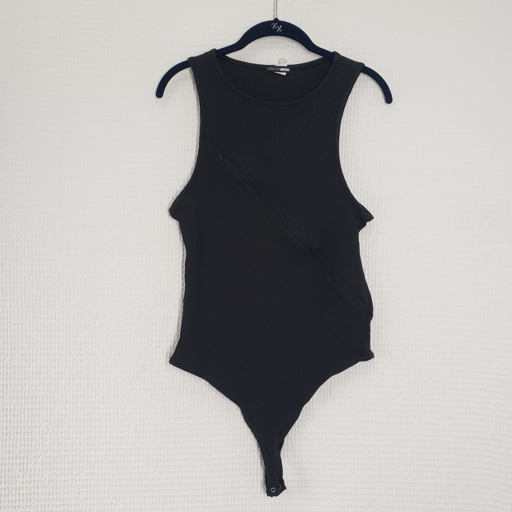 Fashion Nova Black Ribbed Sleeveless Bodysuit Womens 2X High Neck Zipper Sexy